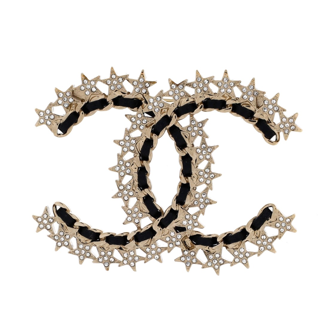 Chanel CC Star Chain Brooch Metal with Leather and Crystals (Length 1.6 in) (1 of 3)
