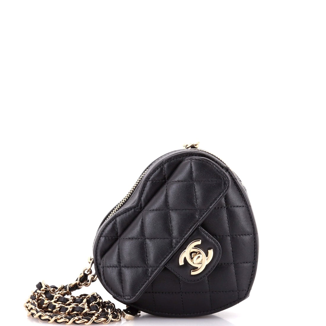 Chanel CC in Love Heart Clutch with Chain Quilted Lambskin (5.5"W x 5"H x 2"D): The Chanel CC in Love Heart Clutch with Chain in Quilted Lambskin translates the model's structural language into a quilted lambskin reading, at a 5.5 by 5 by 2 inch profile. Lambskin is the softer, m