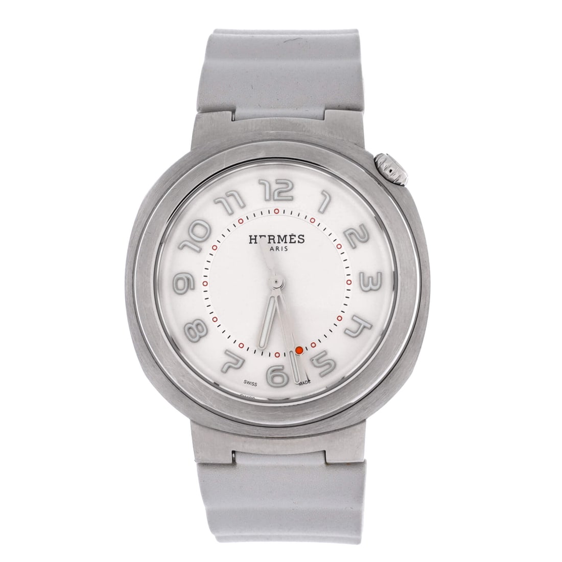 Hermes Cut Automatic Watch Stainless Steel and Rubber (36): The Hermes Cut Automatic Watch in Stainless Steel and Rubber offers the reference in its most photographed case dimension, at a 1.4 by 1.4 by 0.4 inch profile. The metalwork sits cleanly against most 