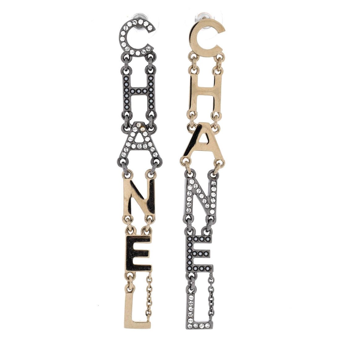 Chanel Logo Drop Earrings Metal with Crystals (3.75 in H x 0.5 in W): The Chanel Logo Drop Earrings extend a vertical chain to a striking 3.75 inches in height with a 0.5 inch width, the kind of long, narrow drop that animates a hairstyle pulled back and reframes the an