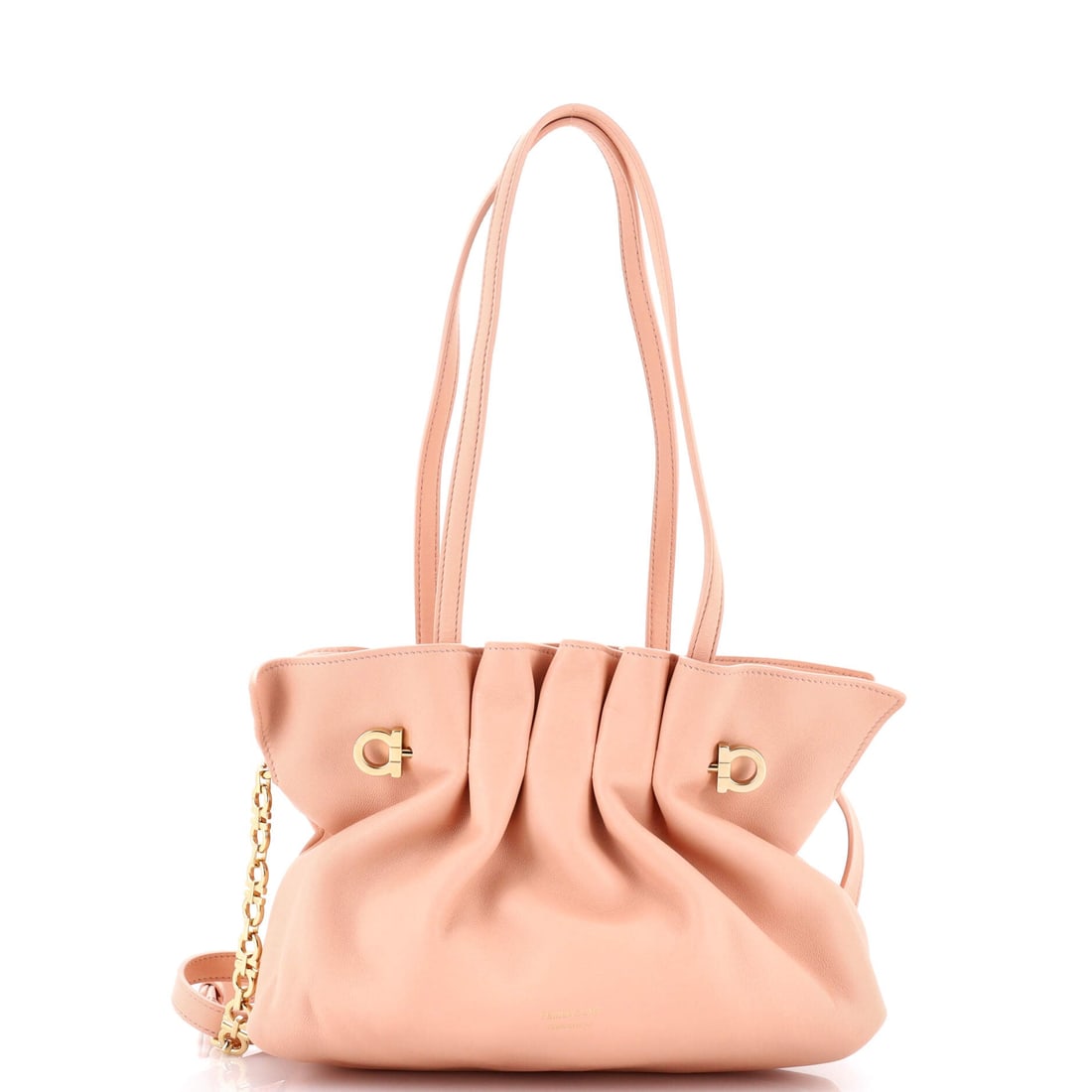 Salvatore Ferragamo Soft Bag Leather (Small): The Salvatore Ferragamo Soft Bag in Leather reads at first glance as architecture rather than accessory, at a 11 by 7 by 4 inch profile. Leather sits in the deliberate register of Salvatore Ferragamo'