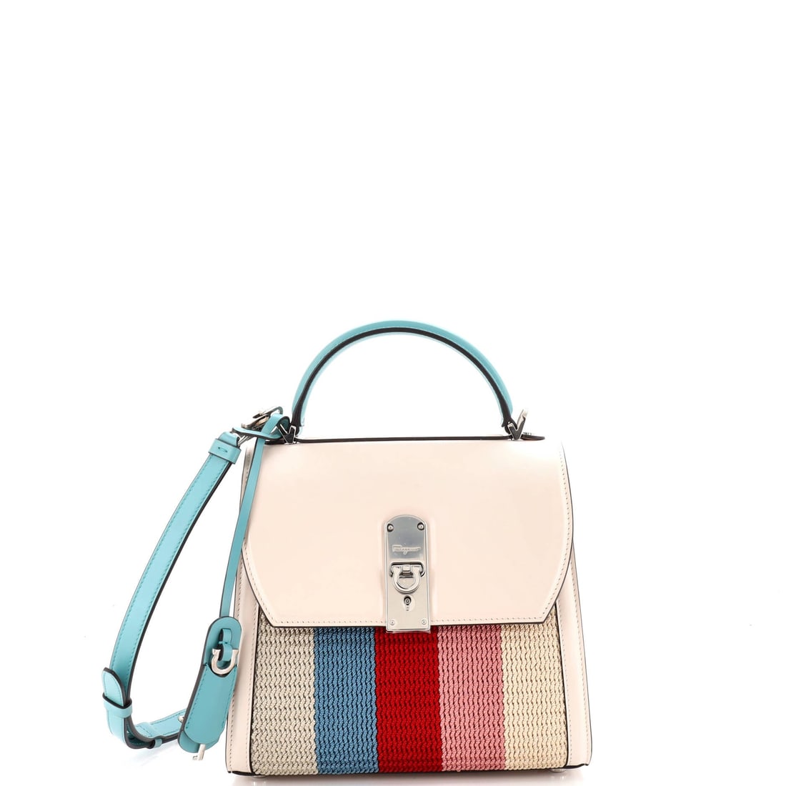 Salvatore Ferragamo Boxyz Top Handle Bag Leather with Strpe Cord (Medium): At a 8.5 by 8 by 4 inch profile, the Salvatore Ferragamo Boxyz Top Handle Bag in Leather with Strpe Cord offers the silhouette in its most photographed proportion. Leather with Strpe Cord sits in the 