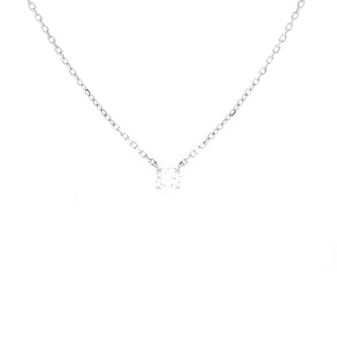 Cartier 1895 Solitaire Necklace 18K White Gold with RBC Diamond D/VVS1 (0.20CT): The Cartier 1895 Solitaire Necklace in 18K White Gold with RBC Diamond D/VVS1 is one of the cleaner expressions of the Cartier fine-jewelry vocabulary, at a 15.2 inch length profile. 18K White Gold wi