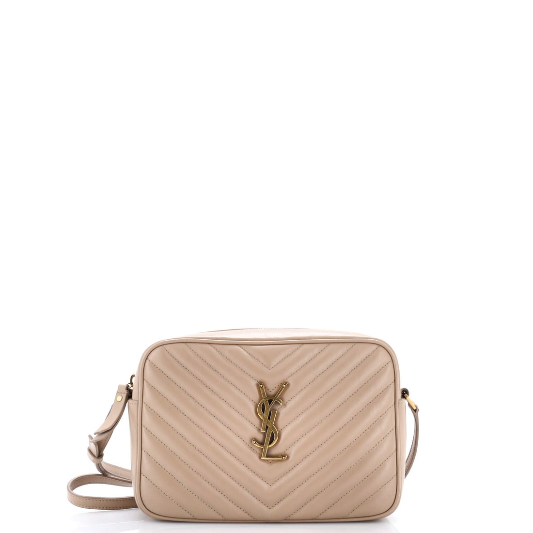Saint Laurent Lou Camera Bag Matelasse Chevron Leather (Small): The Saint Laurent Lou Camera Bag renders the model's silhouette in Matelasse Chevron Leather, in size Small, with the line holding cleanly across the body. Matelasse is the quilted, padded stitching t