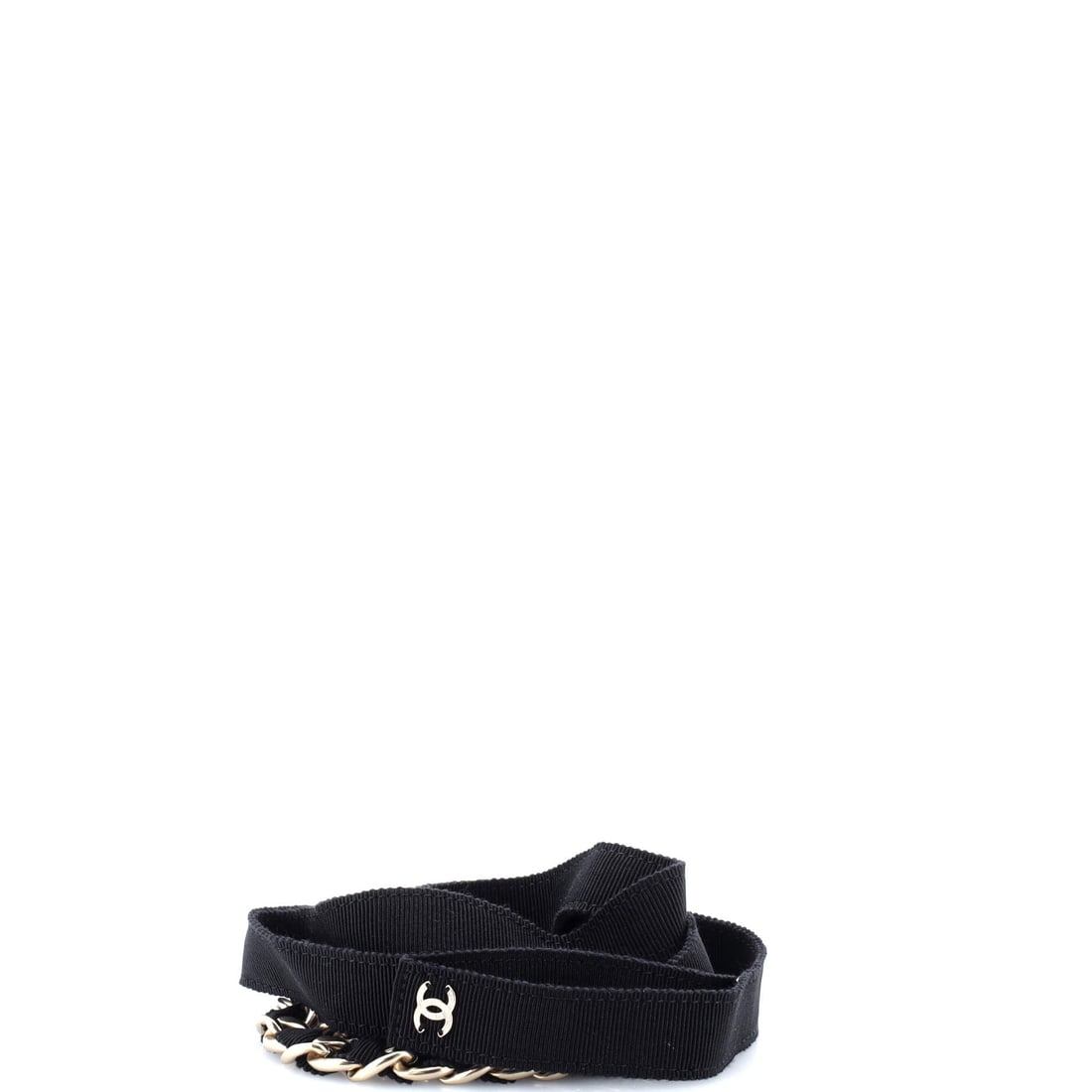 Chanel CC Bow Chain Belt Metal and Grosgrain (150): The Chanel CC Bow Chain Belt strings interlocking CCs along a chain weighted with a black grosgrain bow at one end - grosgrain being the ribbed silk-faced ribbon Chanel has been using for finishing de