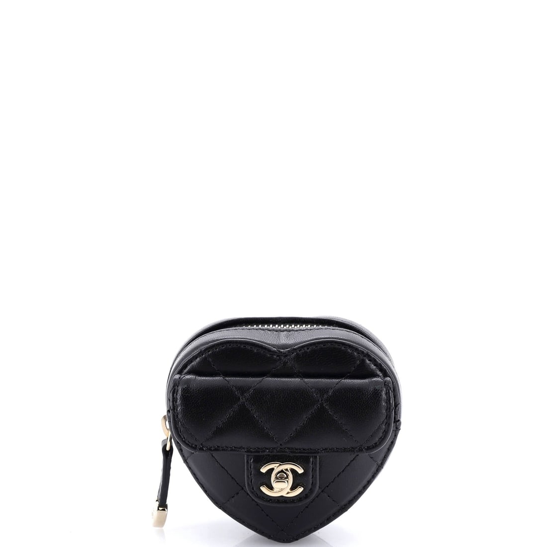 Chanel CC in Love Heart Arm Zip Coin Purse Quilted Lambskin (3"W x 3"H x 1.5"D): Rendered in Quilted Lambskin, at a 3 by 3 by 1.5 inch profile, the Chanel CC in Love Heart Arm Zip Coin Purse sits cleanly at the intersection of useful and decorative. Lambskin is the softer, more lu