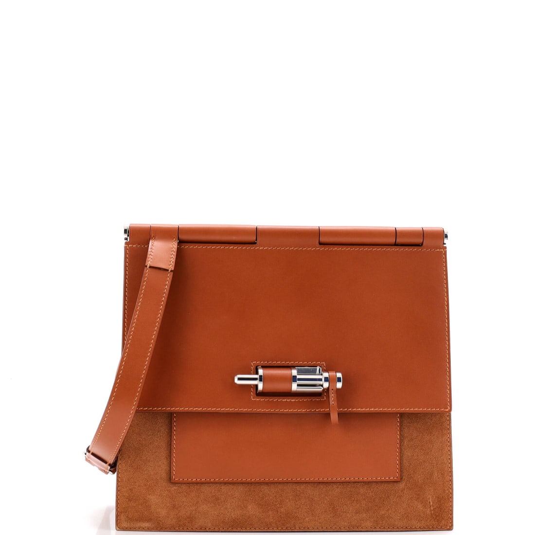 Hermes Sacabar Shoulder Bag Doblis Suede and Swift (24): The Hermes Sacabar Shoulder Bag in Doblis Suede and Swift carries the model's house-signature hardware into a doblis suede and swift reading. Swift is Hermes's fine, smooth calfskin, light in the hand