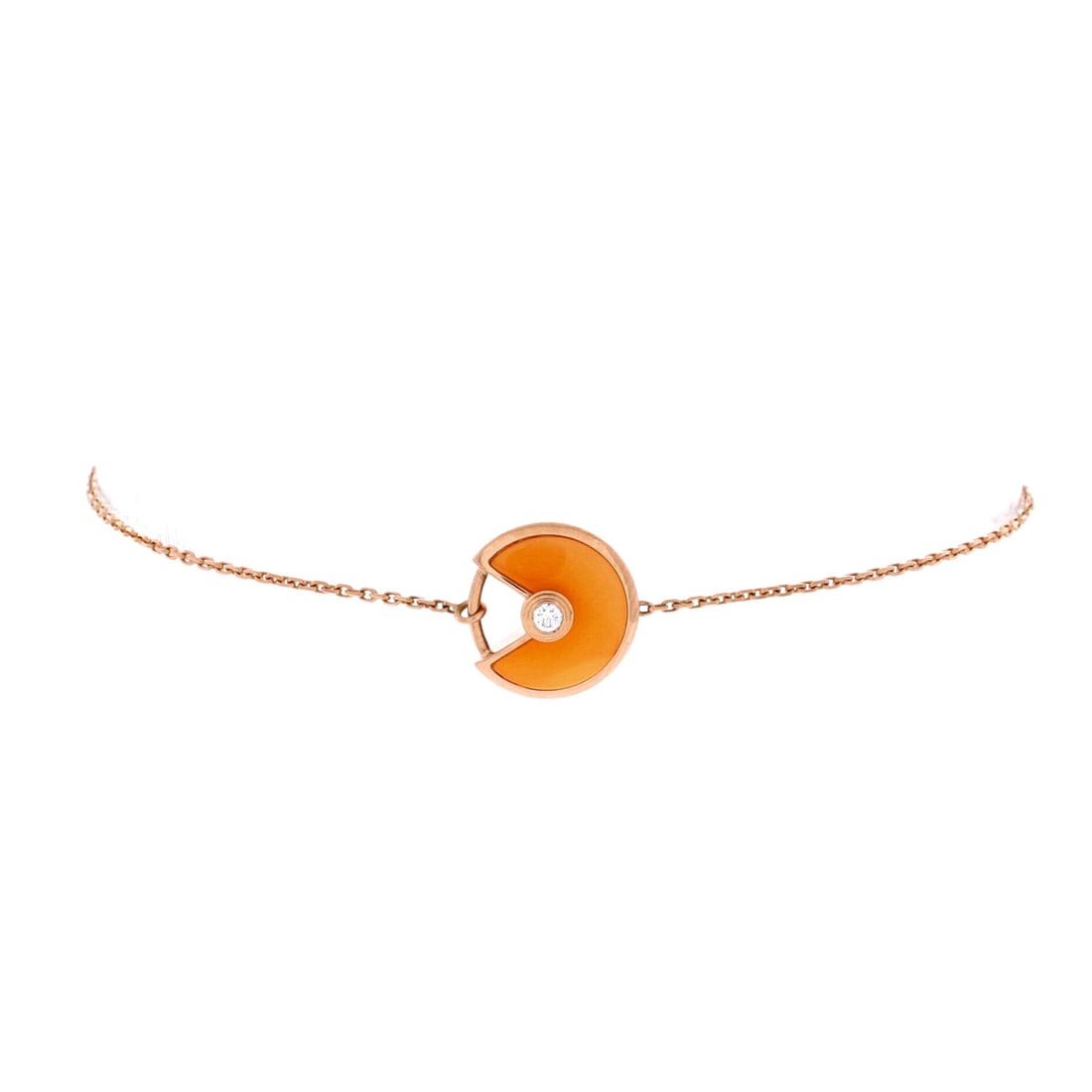 Cartier Amulette de Cartier Bracelet 18K Rose Gold with Diamond and Carnelian (XS): The Cartier Amulette de Cartier Bracelet carries the 18k rose gold with diamond and carnelian treatment across 6.8 inch length, decorated to register at evening without raising its volume. 18K Rose Go