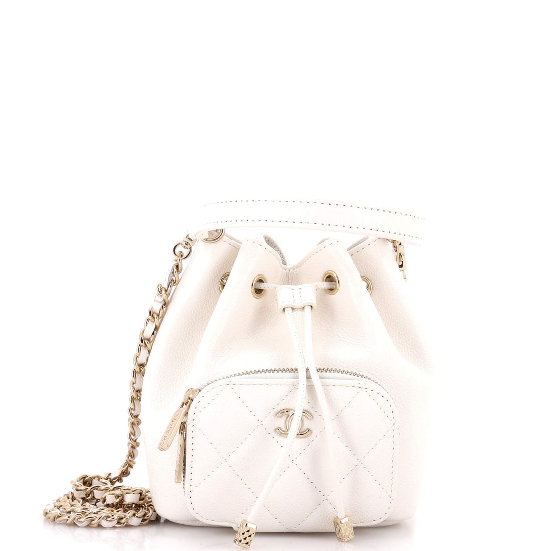 Chanel Business Affinity Top Handle Drawstring Bucket Bag Quilted Caviar (Mini): The Chanel Business Affinity Top Handle Drawstring Bucket Bag, here in Quilted Caviar, in size Mini, holds its shape against use rather than softening to it. Caviar is Chanel's pebbled, harder-wearing