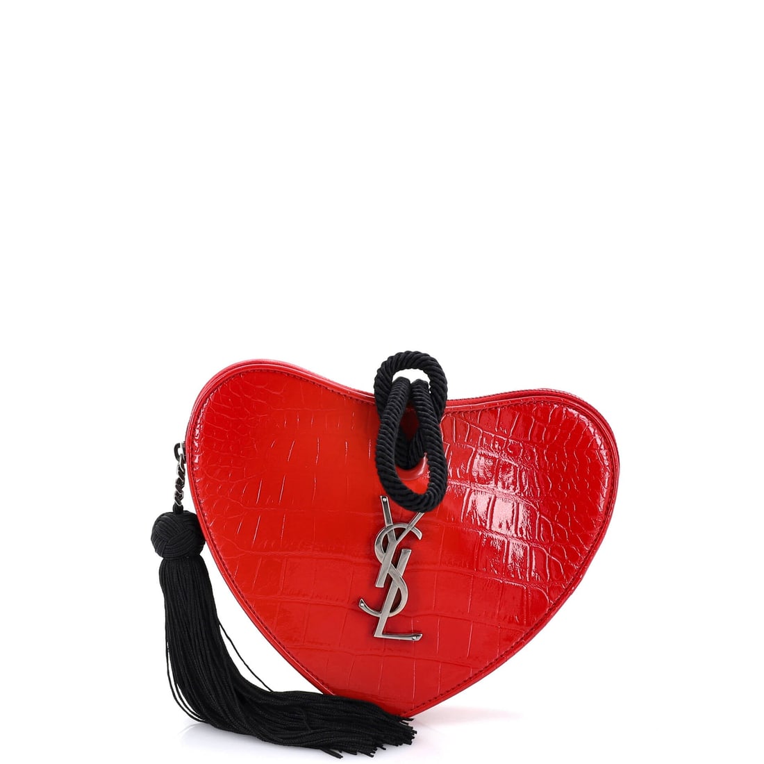 Saint Laurent Heart Tassel Clutch Crocodile Embossed Patent (7"W x 6"H x 2"D): The Saint Laurent Heart Tassel Clutch in Crocodile Embossed Patent translates the model's architecture into a more saturated wardrobe register. Crocodile is the exotic skin Hermes runs in limited rota