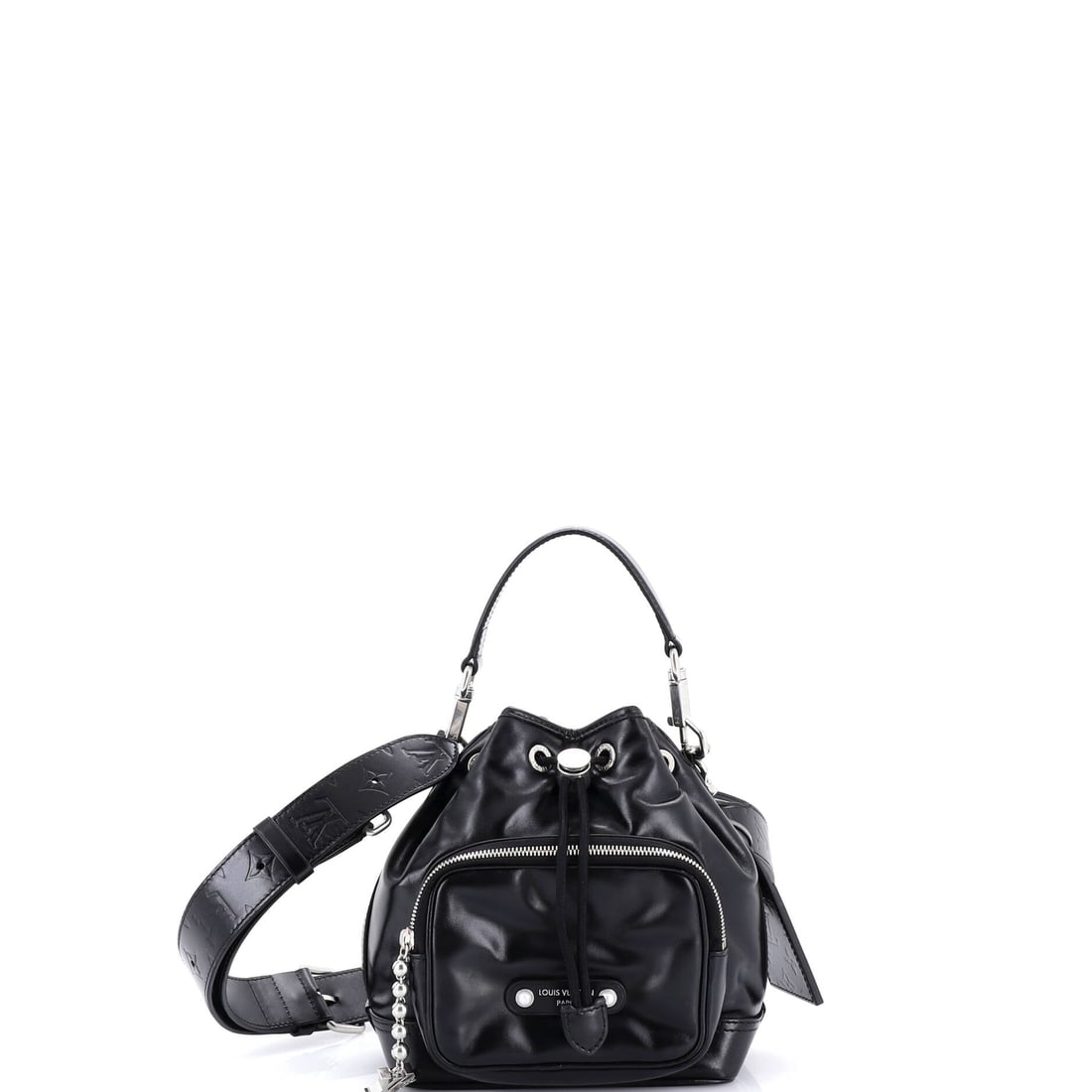 Louis Vuitton Noe Cargo Handbag Calfskin (8"W x 9"H x 4"D): The Louis Vuitton Noe Cargo Handbag in Calfskin arrives at a 8 by 9 by 4 inch profile, the proportion the model wears most photogenically. The calfskin hand falls between the softer slouch of the hous