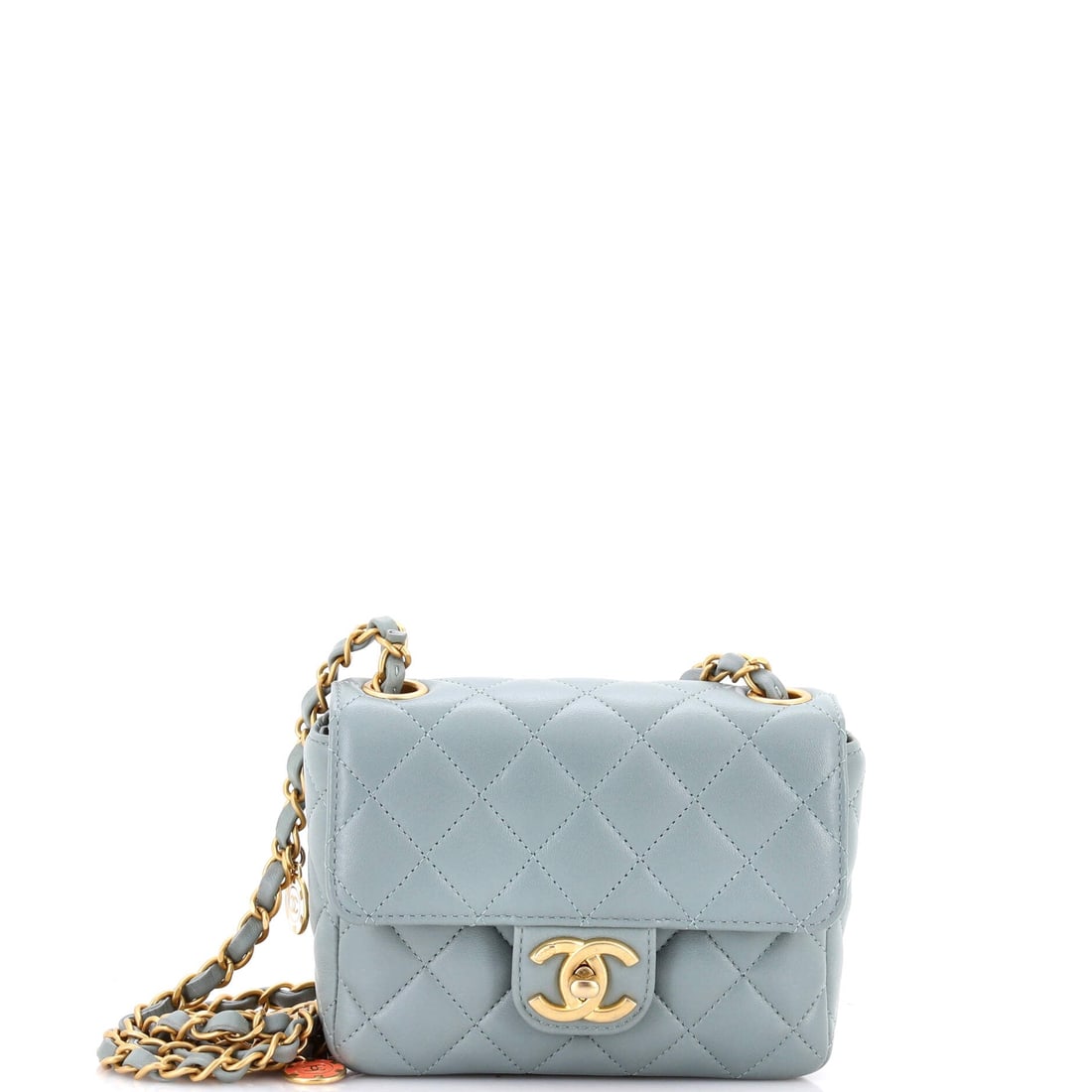 Chanel Casino Royale Charms Square Flap Bag Quilted Lambskin with Enamel (Mini): The Chanel Casino Royale Charms Square Flap Bag in Quilted Lambskin with Enamel is the model in its boutique-floor configuration, at a 7 by 5 by 3 inch profile. Lambskin is the softer, more luminous o