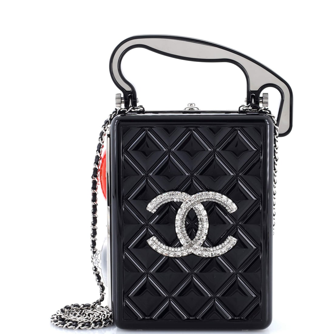 Chanel Traffic Light Minaudiere Resin with Metal and Crystals (5"W x 8"H x 2"D): The Chanel Traffic Light Minaudiere, in Resin with Metal and Crystals, offers the model in one of its more architecturally satisfying scales. The resin with metal and crystals treatment keeps the bag'