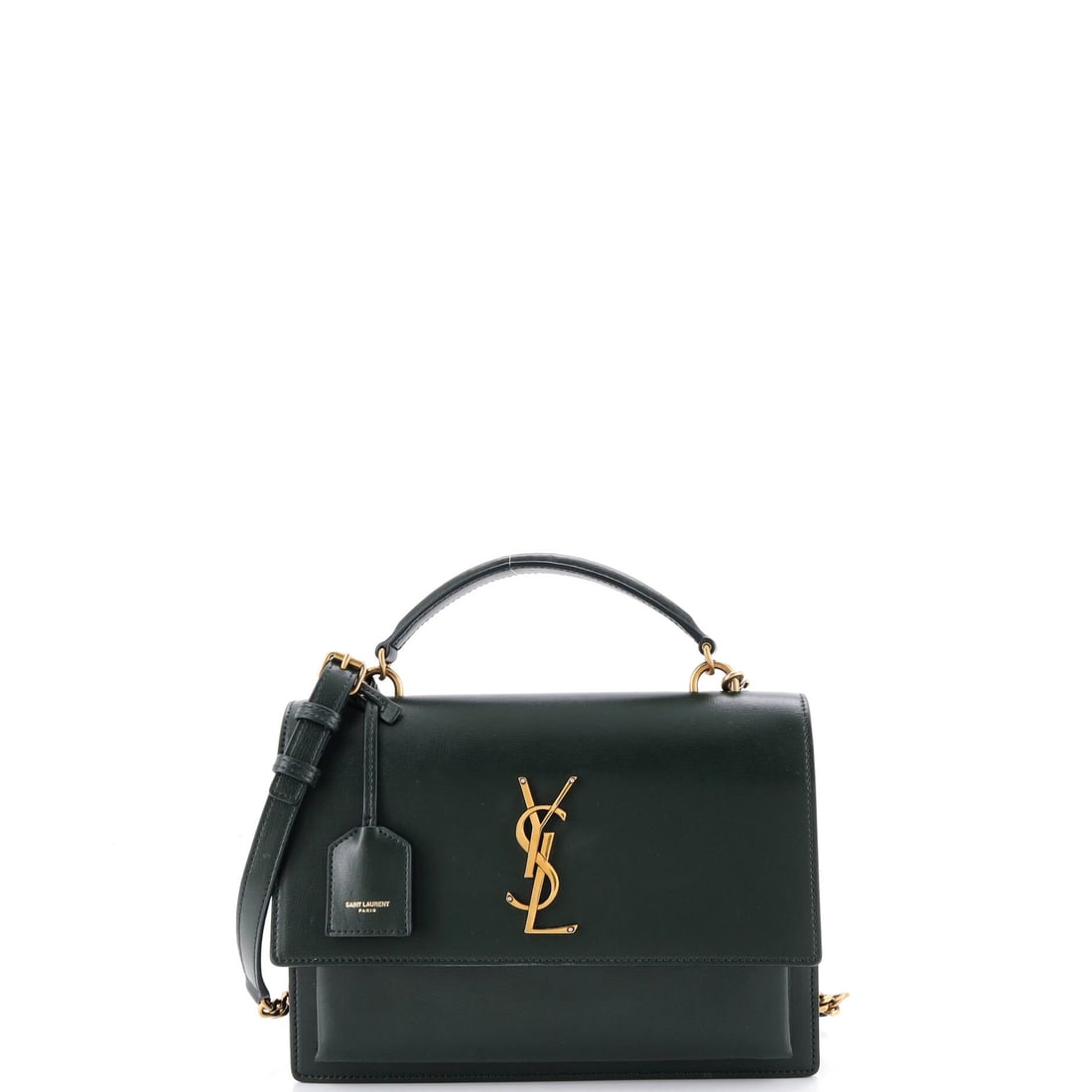 Saint Laurent Sunset Top Handle Shoulder Bag Leather (Medium): The Saint Laurent Sunset Top Handle Shoulder Bag in Leather reads as object as much as accessory, at a 10 by 7 by 2 inch profile, sized to be carried as a deliberate styling choice rather than a defau