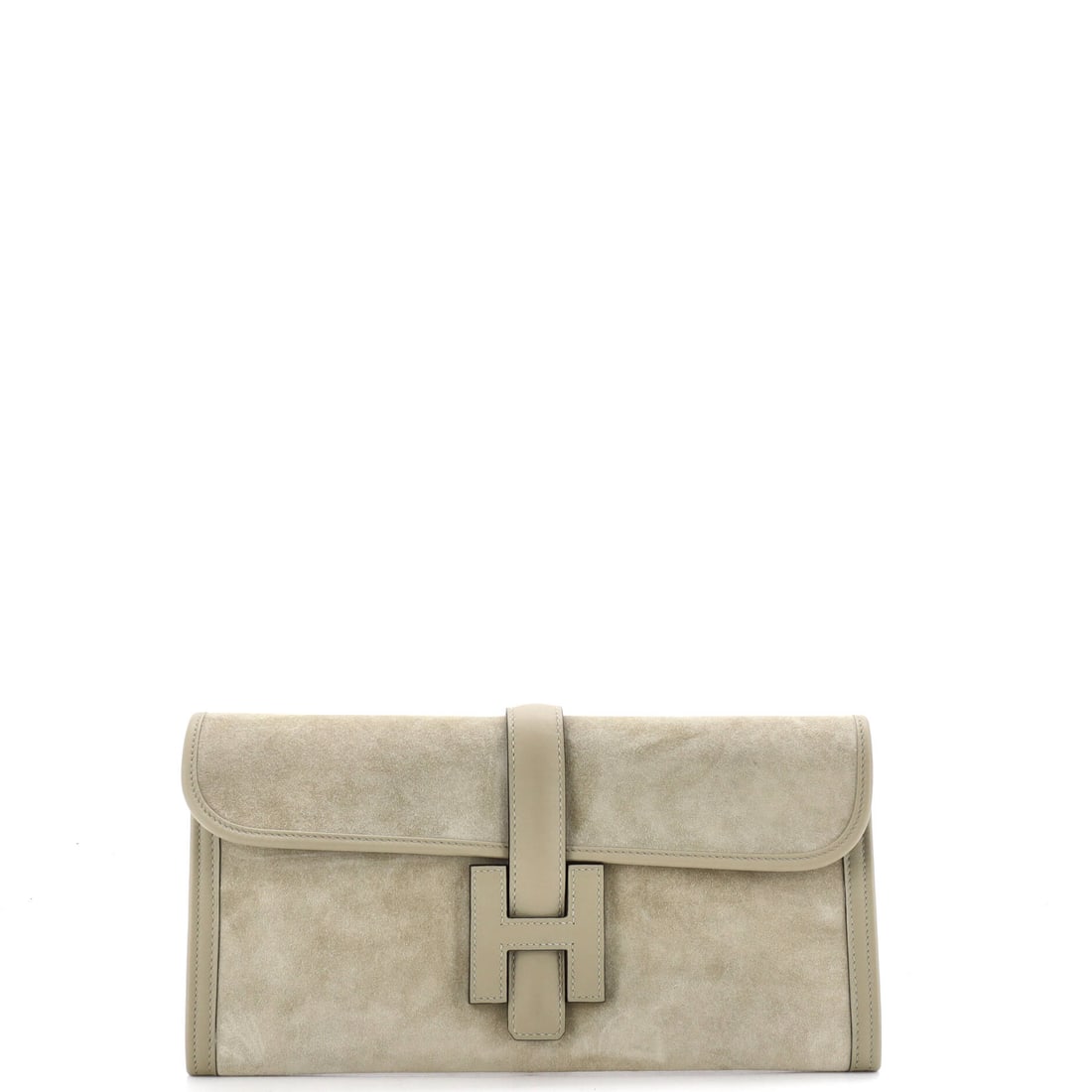 Hermes Jige Elan Clutch Doblis Suede (29): The Hermes Jige Elan Clutch, in Doblis Suede, in size 29, offers the model in one of its more architecturally satisfying scales. The doblis suede treatment keeps the bag's surface reading as architect