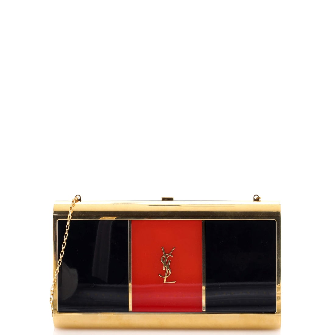 Saint Laurent Cassandre Chain Minaudiere Metal (8"W x 5"H x 2"D): At a 8 by 5 by 2 inch profile, the Saint Laurent Cassandre Chain Minaudiere in Metal offers the silhouette in its most photographed proportion. Metal sits in the deliberate register of Saint Laurent's