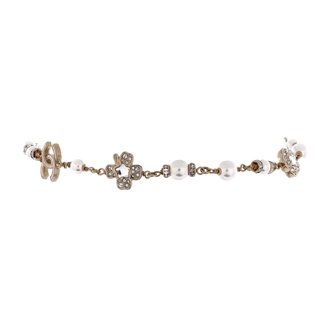 Chanel CC Flowers Chain Choker Necklace Metal with Crystals and Faux Pearls (Length 21 in): The Chanel CC Flowers Chain Choker Necklace in Metal with Crystals and Faux Pearls animates a hairstyle pulled back without committing to evening volume. Metal with Crystals and Faux Pearls sits among