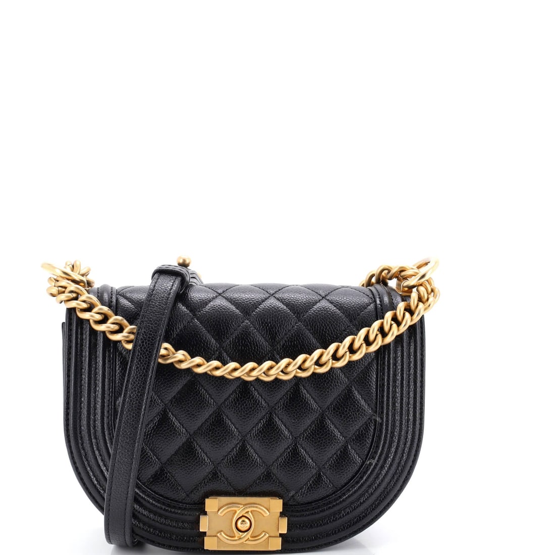 Chanel Boy Curved Messenger Bag Quilted Caviar (Small): The Chanel Boy Curved Messenger Bag in Quilted Caviar arrives at a 7 by 5 by 3 inch profile, the proportion the model wears most photogenically. Caviar is Chanel's pebbled, harder-wearing calfskin, na