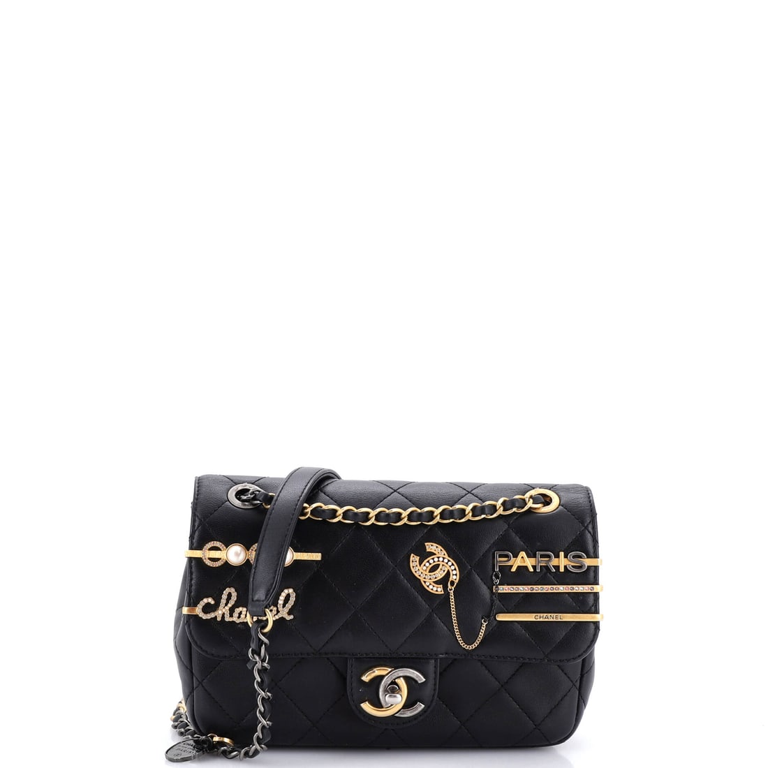 Chanel Coco Clips Flap Bag Embellished Quilted Lambskin (Small): The Chanel Coco Clips Flap Bag in Embellished Quilted Lambskin closes cleanly at the front, a small architectural moment that signals the model from across the room. Lambskin is the softer, more lumin
