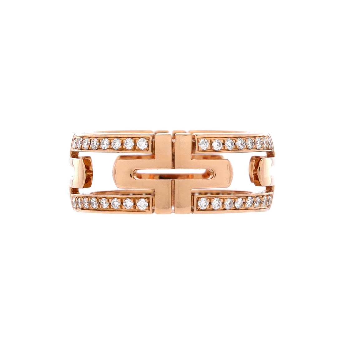 Bvlgari Parentesi Band Ring 18K Rose Gold with Diamonds (8mm): The Bvlgari Parentesi Band Ring in 18K Rose Gold with Diamonds renders the house's signature into a piece sized for everyday layering and evening volume in equal measure. Few Bvlgari pieces translate 