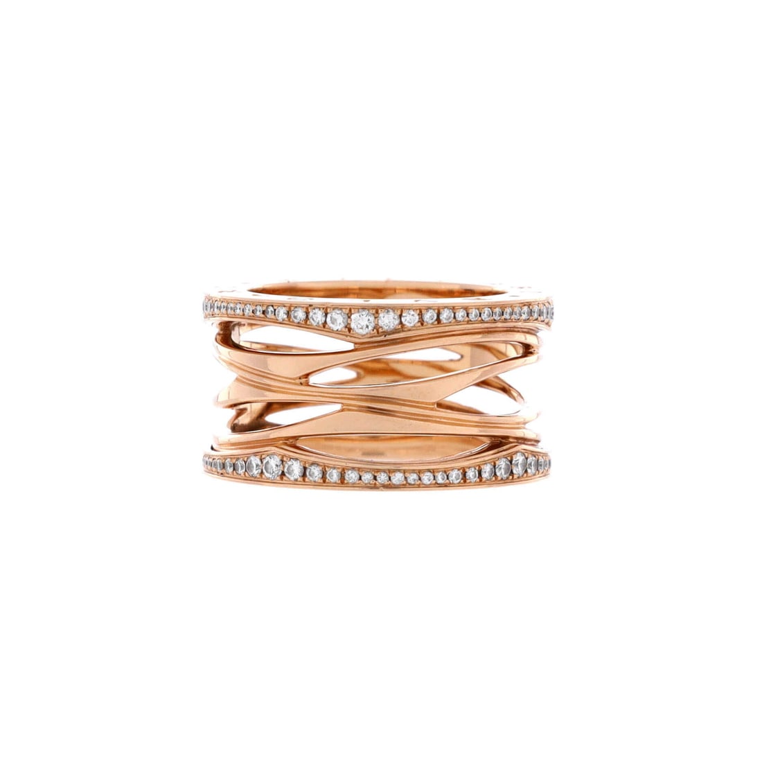 Bvlgari B.Zero1 Design Legend Zaha Hadid Four Band Ring 18K Rose Gold with Diamonds (8 - 57): The Bvlgari B.Zero1 Design Legend Zaha Hadid Four Band Ring, presented here in 18K Rose Gold with Diamonds, sits comfortably between costume jewelry and statement piece. 18K Rose Gold with Diamonds is