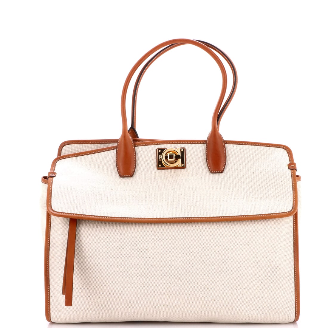 Salvatore Ferragamo Studio Soft Satchel Canvas (Large): The Salvatore Ferragamo Studio Soft Satchel in Canvas brings the model into its most quietly worn register, at a 18 by 14 by 8 inch profile. The canvas treatment keeps the bag's surface reading as arc