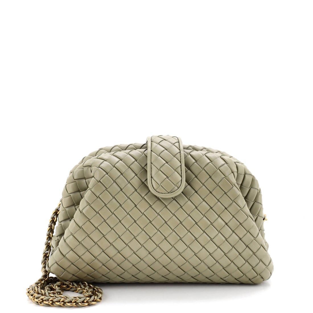 Bottega Veneta Lauren 1980 Clutch with Chain Intrecciato Nappa (Teen): The Bottega Veneta Lauren 1980 Clutch with Chain in Intrecciato Nappa reads at first glance as architecture rather than accessory, at a 10 by 7.5 by 3 inch profile. Intrecciato Nappa sits in the delib