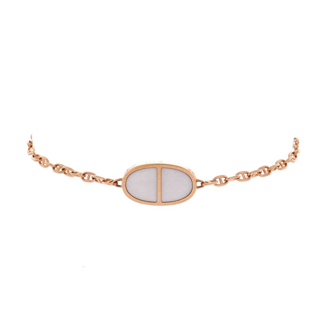 Hermes Chaine d'Ancre Verso Bracelet 18K Rose Gold with Ceramic (Circumference 6.50 in): The Hermes Chaine d'Ancre Verso Bracelet in 18K Rose Gold with Ceramic translates the house's hardware-jewelry vocabulary into a piece a wardrobe relies on across years. 18K Rose Gold with Ceramic is 