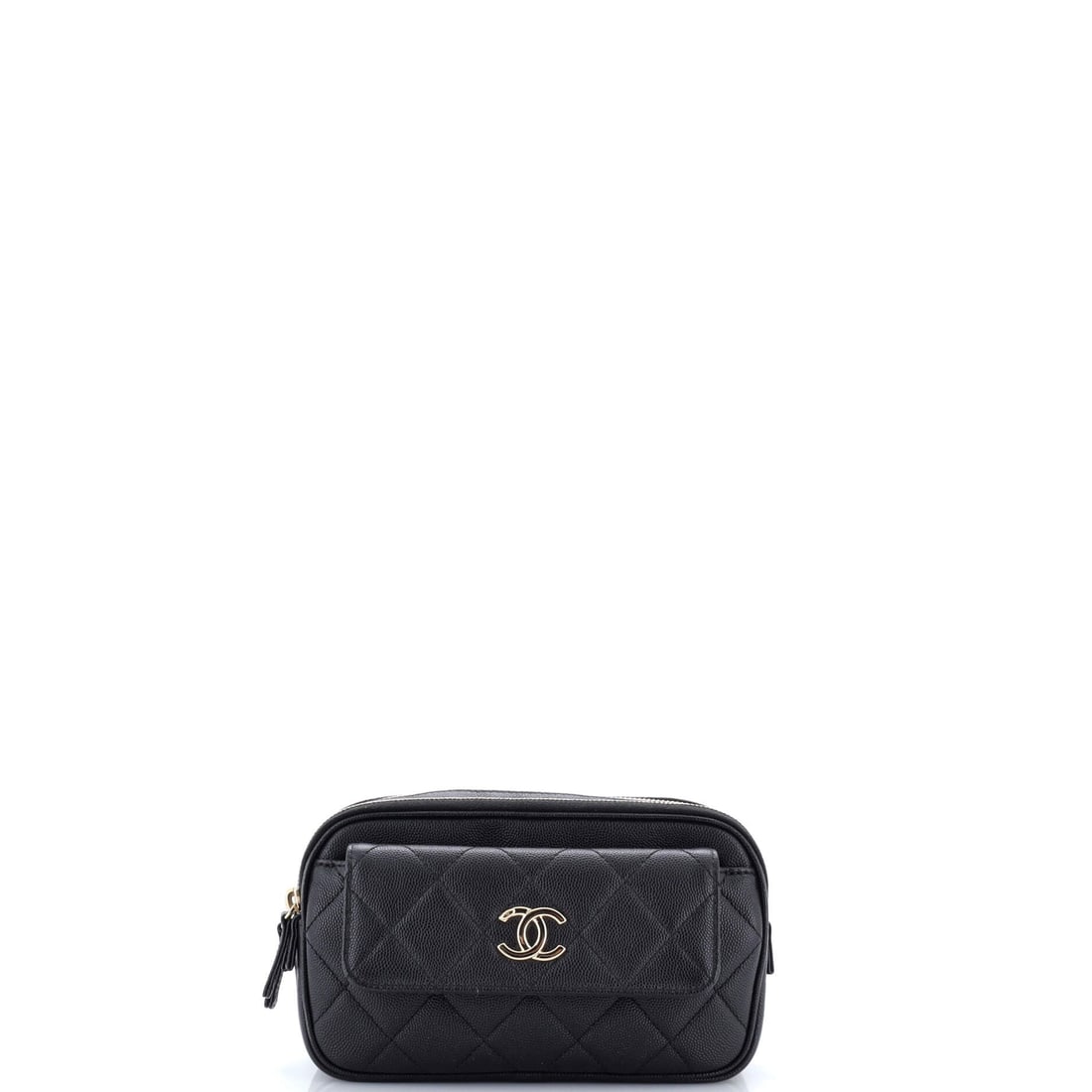 Chanel In & Out Belt Bag Quilted Caviar (Small): The Chanel In & Out Belt Bag renders the model's silhouette in Quilted Caviar, in size Small, with the line holding cleanly across the body. Caviar is Chanel's pebbled, harder-wearing calfskin, named 