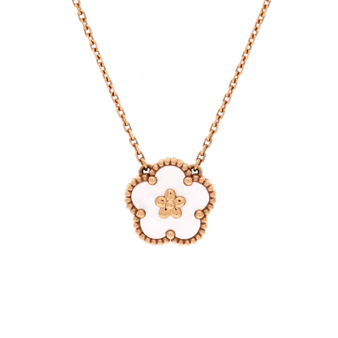 Van Cleef & Arpels Lucky Spring Plum Blossom Pendant Necklace 18K Rose Gold and Mother of Pearl: The Van Cleef & Arpels Lucky Spring Plum Blossom Pendant Necklace in 18K Rose Gold and Mother of Pearl reads at scale and at distance with the same legibility - an under-rated Van Cleef & Arpels signa