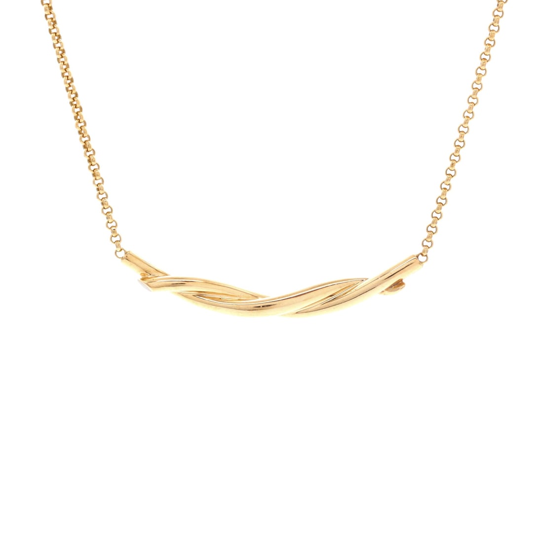 Cartier Entrelaces Pendant Necklace 18K Yellow Gold (Length 15.0 - 16.25 in): The Cartier Entrelaces Pendant Necklace in 18K Yellow Gold carries the model's signature with the calm of a piece designed to be worn rather than displayed. The metalwork sits as cleanly against bare 