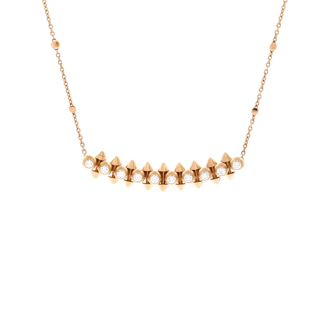 Cartier Clash de Cartier Pendant Necklace 18K Rose Gold with Diamonds (Length 15.5 - 16.25 in): The Cartier Clash de Cartier Pendant Necklace in 18K Rose Gold with Diamonds offers the model in one of its more wearable scales, at a 15.5 inch length profile. 18K Rose Gold with Diamonds is the more