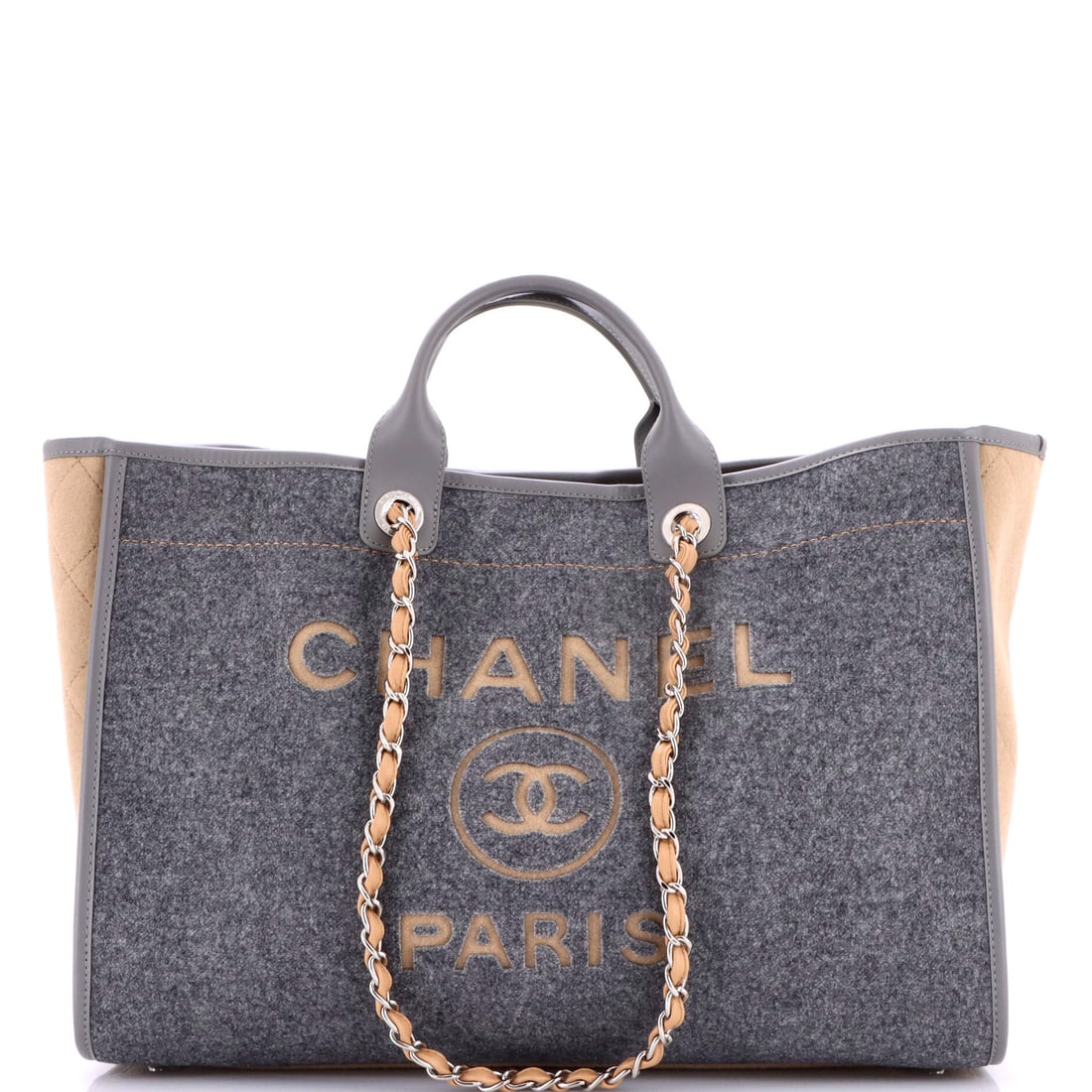 Chanel Deauville Tote Wool Felt (Large): The Chanel Deauville Tote in Wool Felt occupies the part of the Chanel catalogue that wardrobes return to season after season, at a 18 by 12.5 by 7 inch profile. Few materials in the Chanel library we