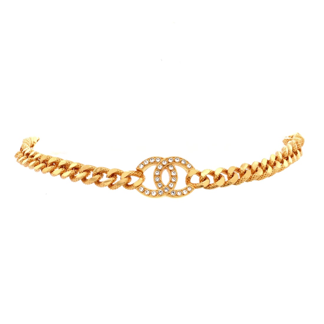 Chanel CC Pendant Textured Chain Choker Necklace Metal with Crystals (Length 15 in): The Chanel CC Pendant Textured Chain Choker Necklace, presented here in Metal with Crystals, at a 15 inch length profile, sits comfortably between costume jewelry and statement piece. Metal with Cryst