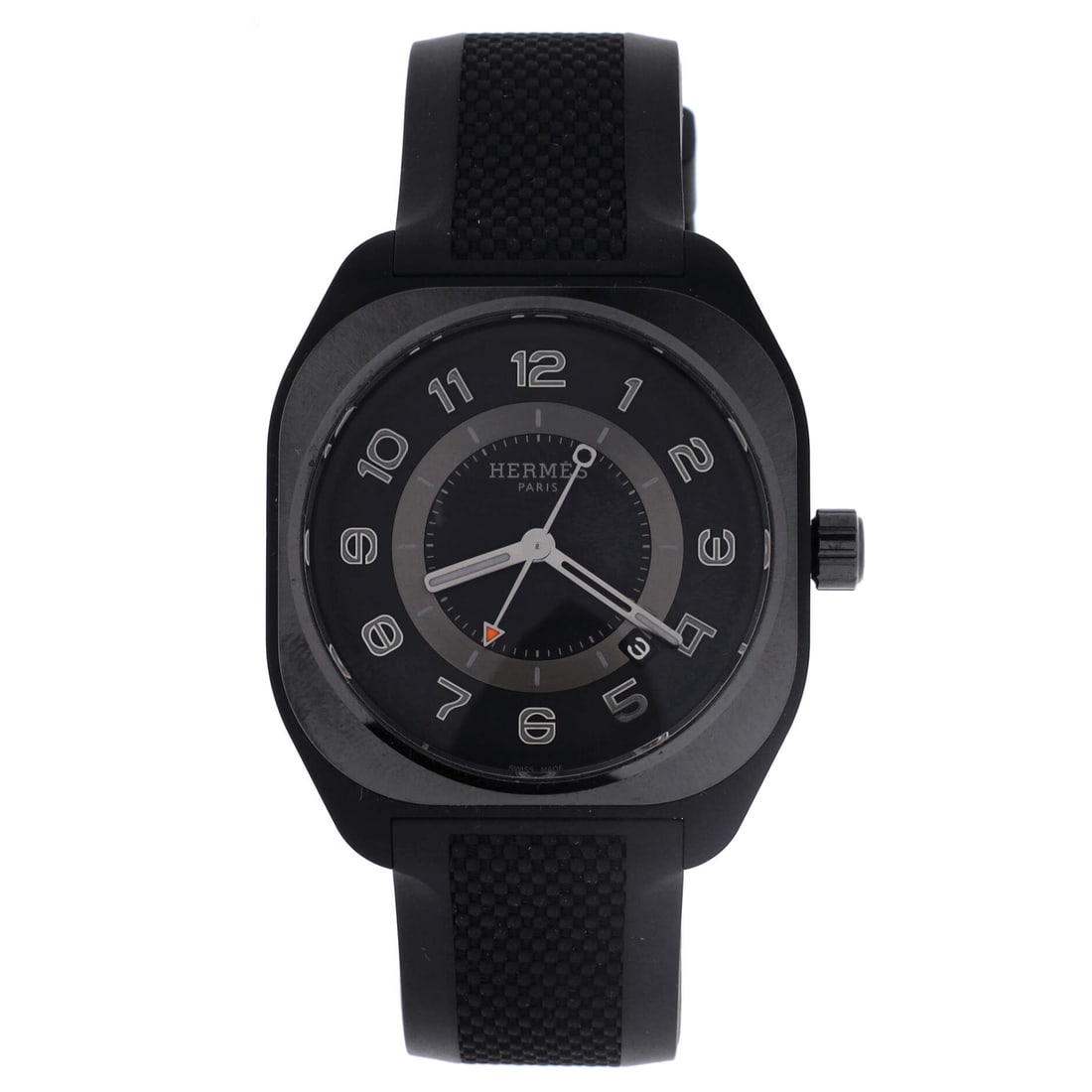 Hermes H08 Automatic Watch Titanium and Rubber (39): The Hermes H08 Automatic Watch in Titanium and Rubber arrives at a 1.5 by 1.5 by 0.4 inch profile, the configuration that established the model's wrist-presence vocabulary. Titanium and Rubber is the 