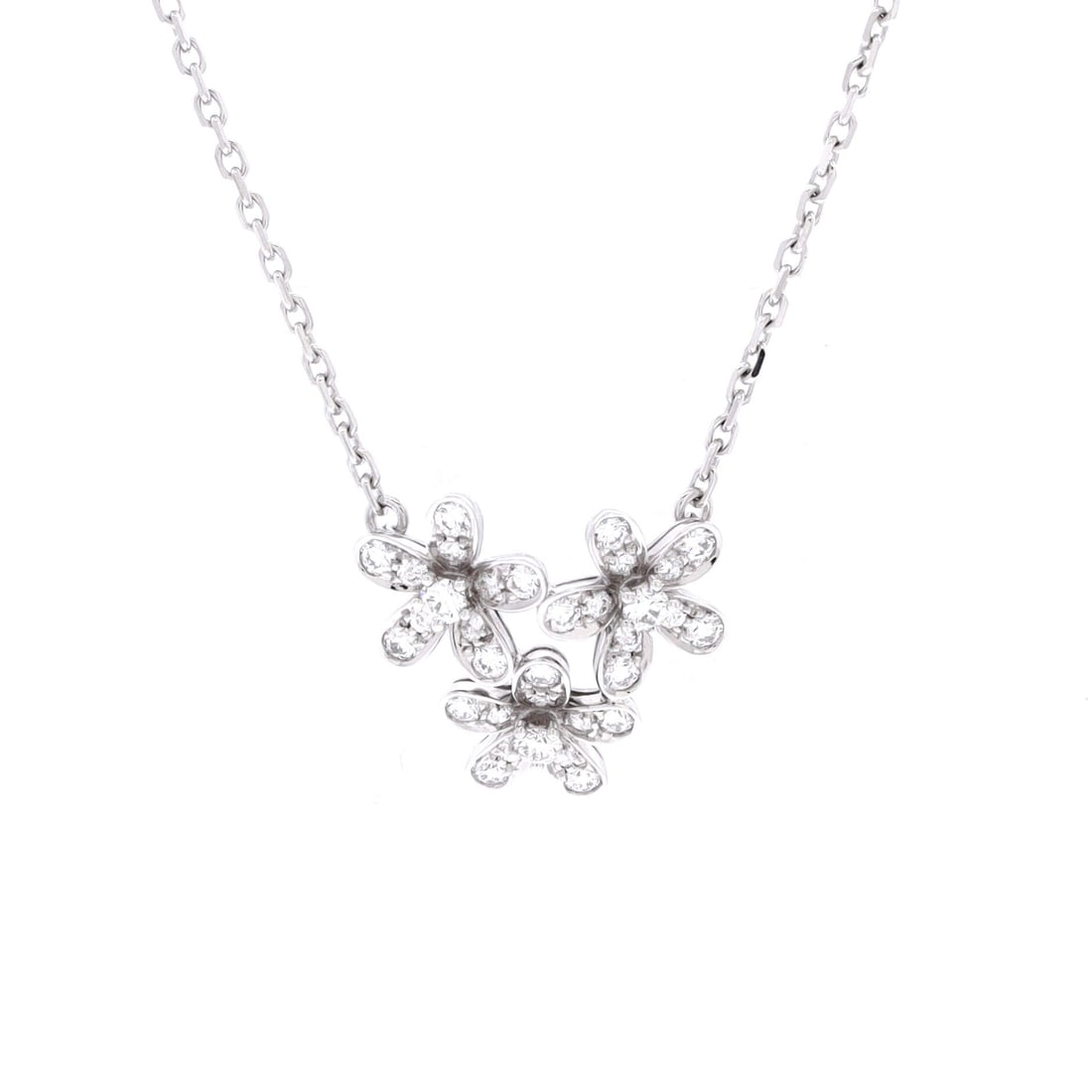 Van Cleef & Arpels Socrate 3 Flower Pendant Necklace 18K White Gold and Diamonds (Length 16.50 in): The Van Cleef & Arpels Socrate 3 Flower Pendant Necklace in 18K White Gold and Diamonds is the model in its most quietly photographed configuration, at a 16.5 inch length profile. The 18k white gold a