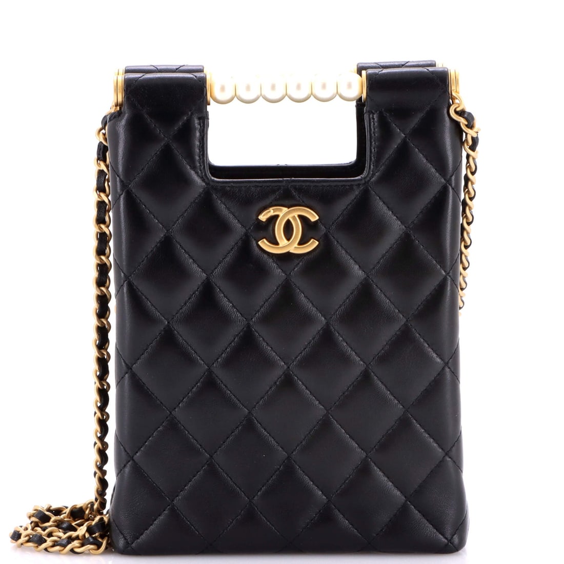 Chanel Chain Around Cut Out Handle Evening Tote Quilted Lambskin with Pearls (Mini): The Chanel Chain Around Cut Out Handle Evening Tote in Quilted Lambskin with Pearls translates the model's structural language into a quilted lambskin with pearls reading, at a 6 by 8 by 3 inch profil