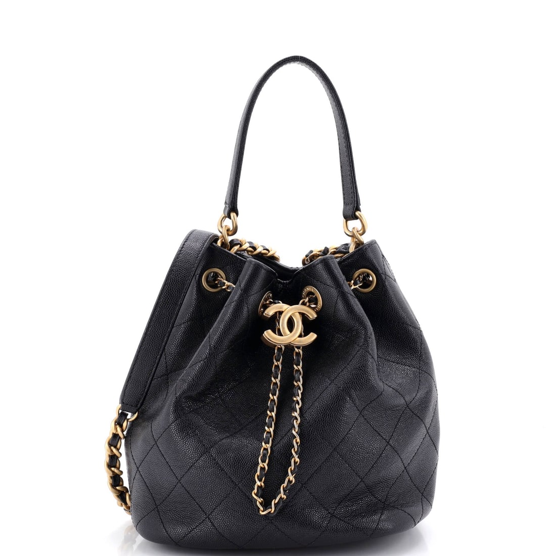 Chanel Fashion Therapy Drawstring Bucket Bag Quilted Caviar (Small): The Chanel Fashion Therapy Drawstring Bucket Bag in Quilted Caviar is the model in its most architecturally legible reading, at a 7 by 7.5 by 6 inch profile. Caviar is Chanel's pebbled, harder-wearing