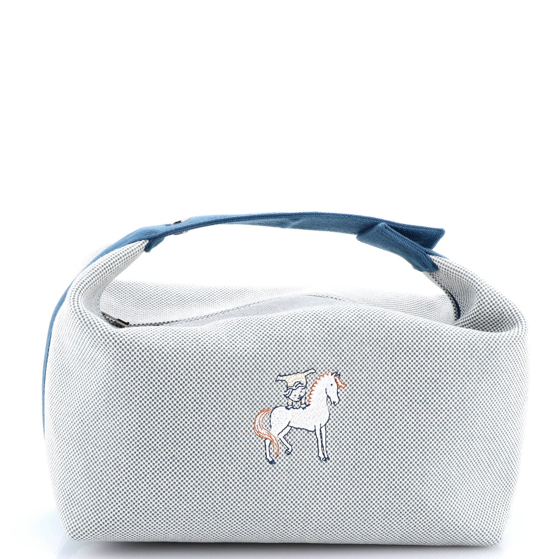 Hermes Bride-A-Brac Cabriole Travel Case Toile (GM): The Hermes Bride-A-Brac Cabriole Travel Case in blue toile - toile being a tightly woven cotton-and-linen canvas Hermes has been using on travel pieces for decades - is built at a 10 by 8 by 6 inch GM