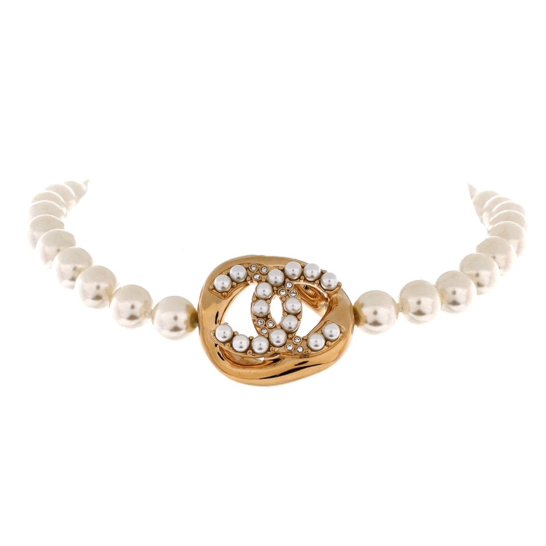 Chanel CC Choker Necklace Faux Pearl with Metal and Crystals (Length 15 in) (1 of 3)