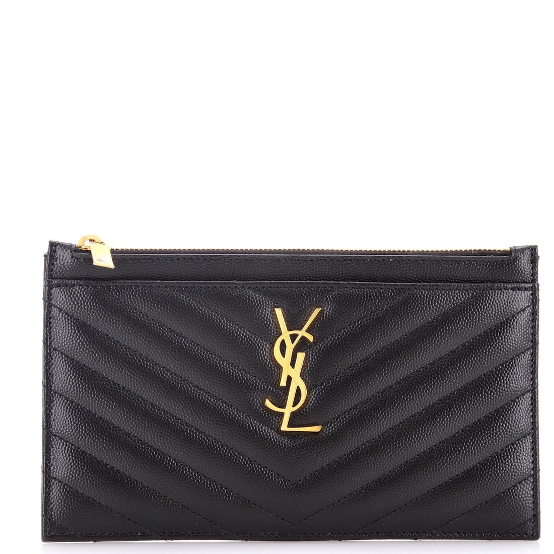 Saint Laurent Classic Monogram Zip Bill Pouch Matelasse Chevron Leather (Medium): The Saint Laurent Classic Monogram Zip Bill Pouch in Matelasse Chevron Leather sits at a 8 by 5 by 1 inch profile, with the model's silhouette intact in its most pocket-portable scale. Matelasse is th
