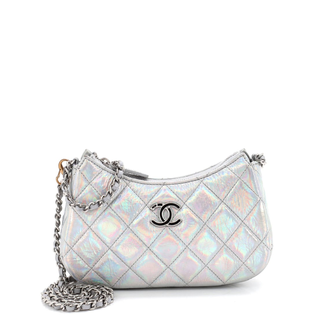 Chanel Hobo Clutch with Chain Quilted Iridescent Metallic Goatskin (7.5"W x 5"H x 10"D): The Chanel Hobo Clutch with Chain in Quilted Iridescent Metallic Goatskin holds its line where the seasonal bags soften, the kind of construction the house quietly built its reputation on. Few materia