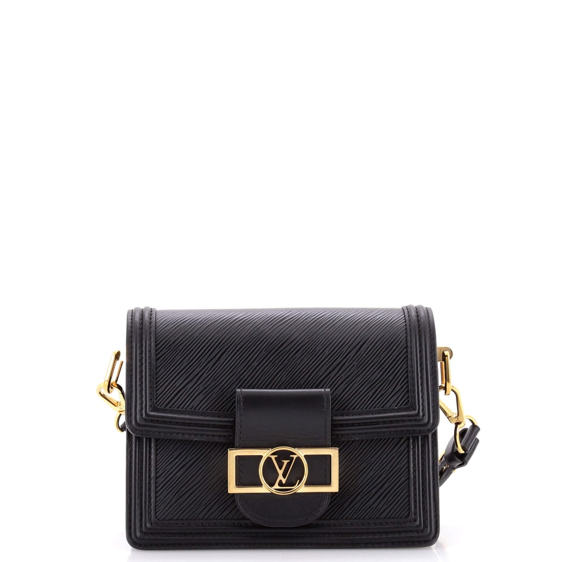 Louis Vuitton Dauphine Shoulder Bag Epi Leather (Mini): The Louis Vuitton Dauphine Shoulder Bag in Epi Leather is the model in its boutique-floor configuration, at a 7.5 by 6 by 3.5 inch profile. The epi leather finish photographs evenly across light and r
