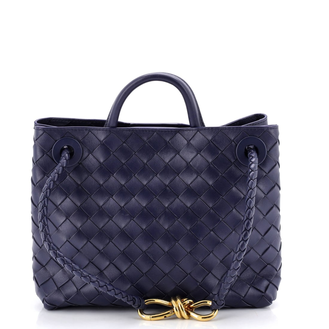Bottega Veneta Andiamo Top Handle Bag Intrecciato Nappa (Small): The Bottega Veneta Andiamo Top Handle Bag renders the model's silhouette in Intrecciato Nappa, in size Small, with the line holding cleanly across the body. The intrecciato nappa finish photographs ev