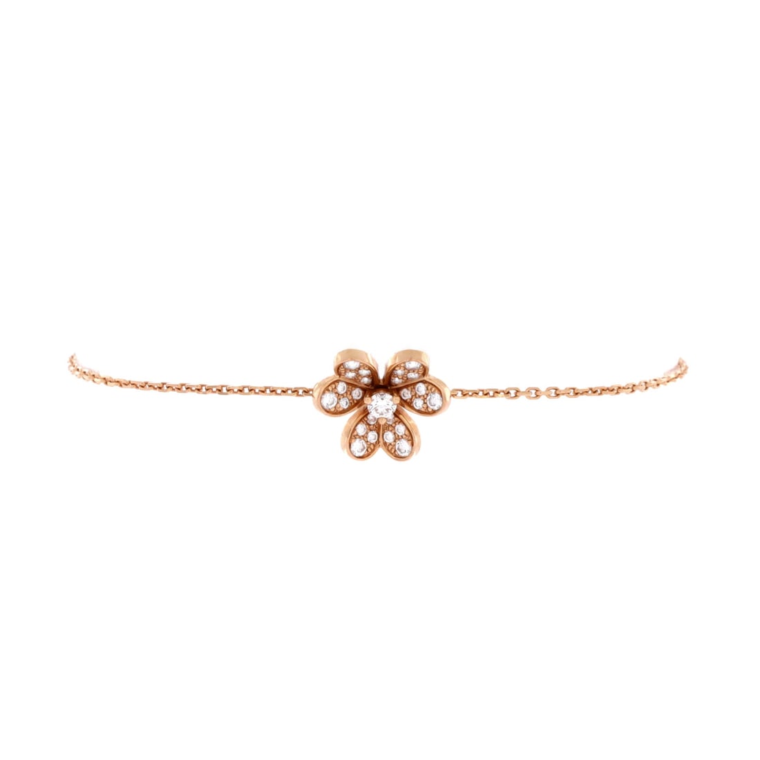 Van Cleef & Arpels Frivole Bracelet 18K Rose Gold with Pave Diamonds (Mini): The Van Cleef & Arpels Frivole Bracelet in 18K Rose Gold with Pave Diamonds is the model in its most quietly photographed configuration, at a 6.2 inch length profile. Pave is the close-set, fully-pave