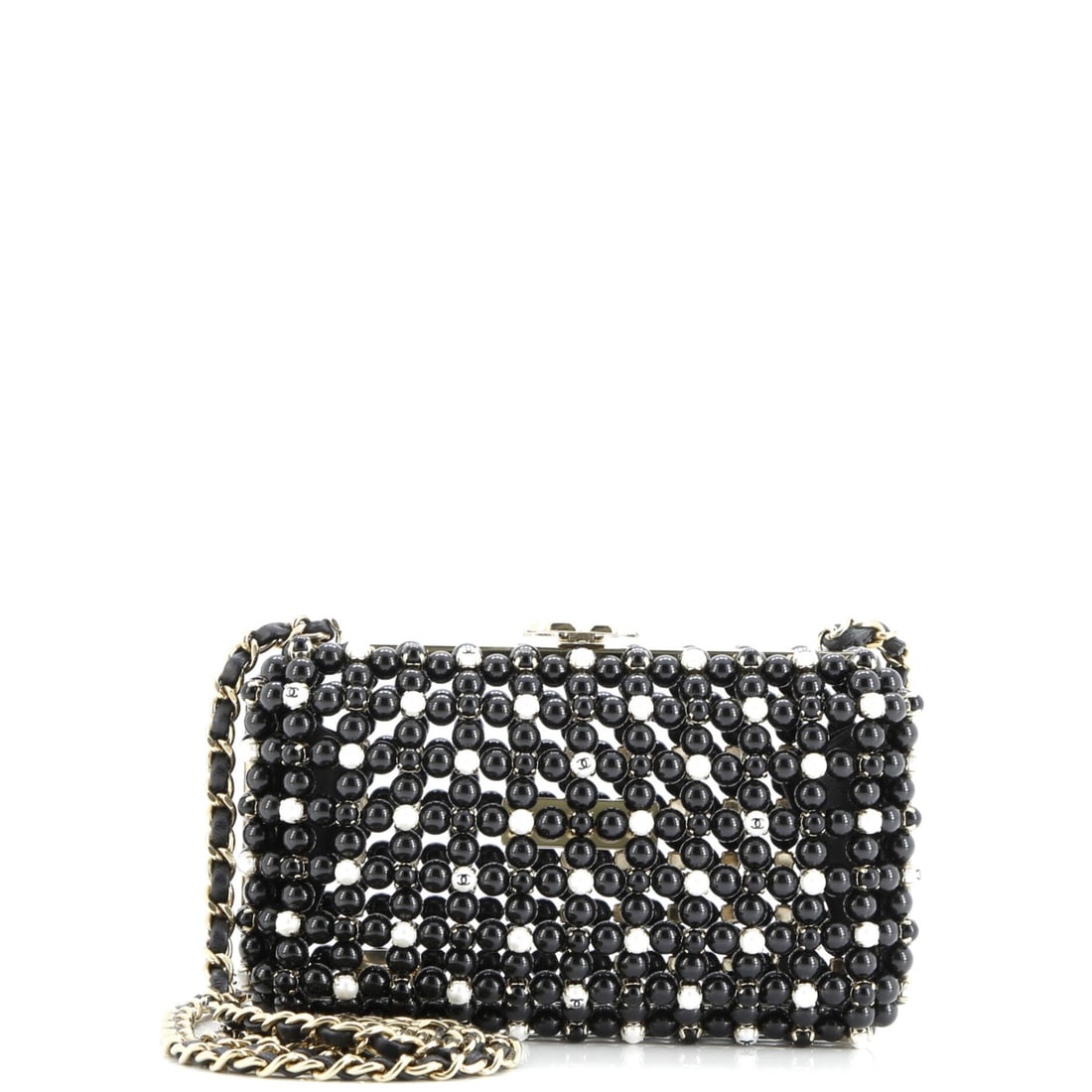 Chanel CC Box Minaudiere Metal with Beads and Faux Pearls (6"W x 3.5"H x 3"D): The Chanel CC Box Minaudiere in Metal with Beads and Faux Pearls reads at first glance as architecture rather than accessory, at a 6 by 3.5 by 3 inch profile. Metal with Beads and Faux Pearls sits in 