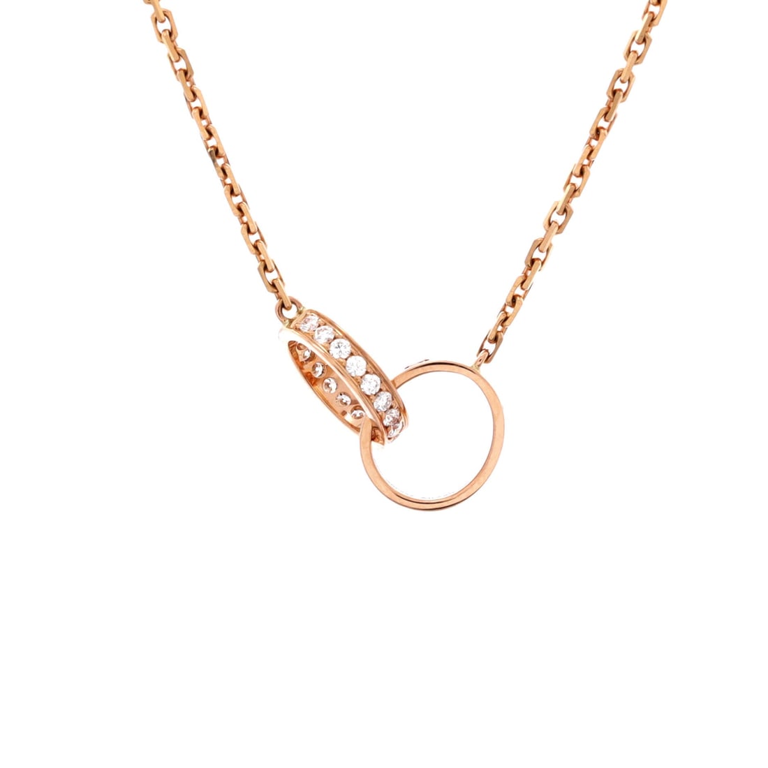 Cartier Love Interlocking Necklace 18K Rose Gold with Diamonds (Length 17.25 in): The Cartier Love Interlocking Necklace in 18K Rose Gold with Diamonds offers the model in one of its more wearable scales, at a 17.2 inch length profile. 18K Rose Gold with Diamonds is the more discre