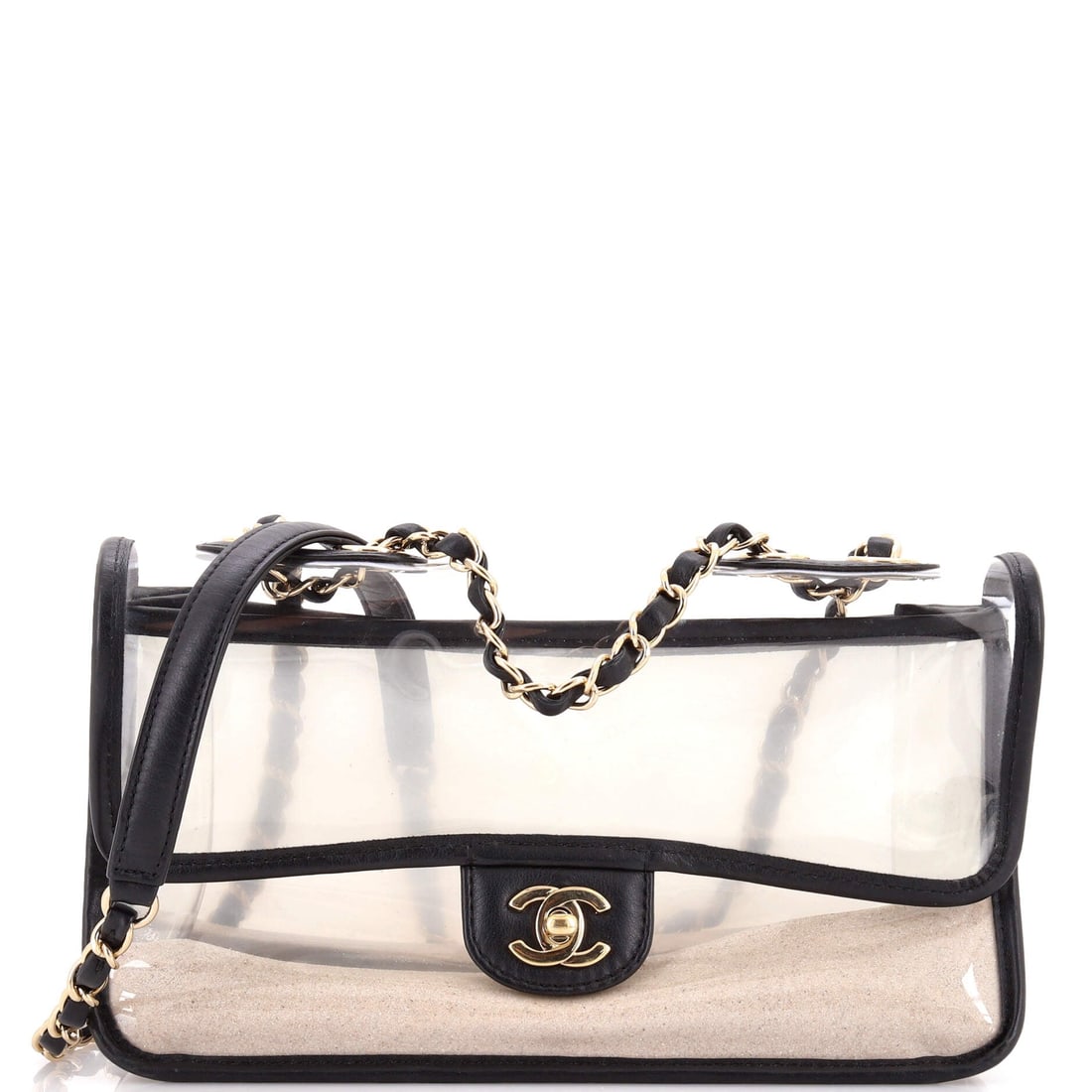 Chanel Sand By The Sea Flap Bag PVC with Lambskin (Medium): The Chanel Sand By The Sea Flap Bag in PVC with Lambskin sits cleanly between daytime utility and evening polish, in size Medium. Lambskin is the softer, more luminous of Chanel's two main leathers, p