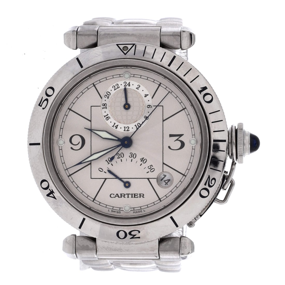 Cartier Pasha de Cartier GMT Power Reserve Automatic Watch Stainless Steel (38): The Cartier Pasha de Cartier GMT Power Reserve Automatic Watch in Stainless Steel reads as the model in its most house-canonical configuration, at a 1.5 by 1.5 by 0.4 inch profile. The bezel and case 