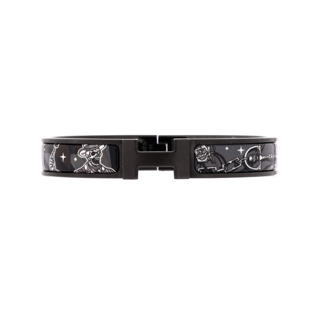 Hermes So Black Clic HH Bracelet Printed Enamel with Brushed Hardware (Narrow): The Hermes So Black Clic HH Bracelet in Printed Enamel with Brushed Hardware keeps the model's design language intact while holding the model's signature scale at 7.8 inch length. The metalwork sits a